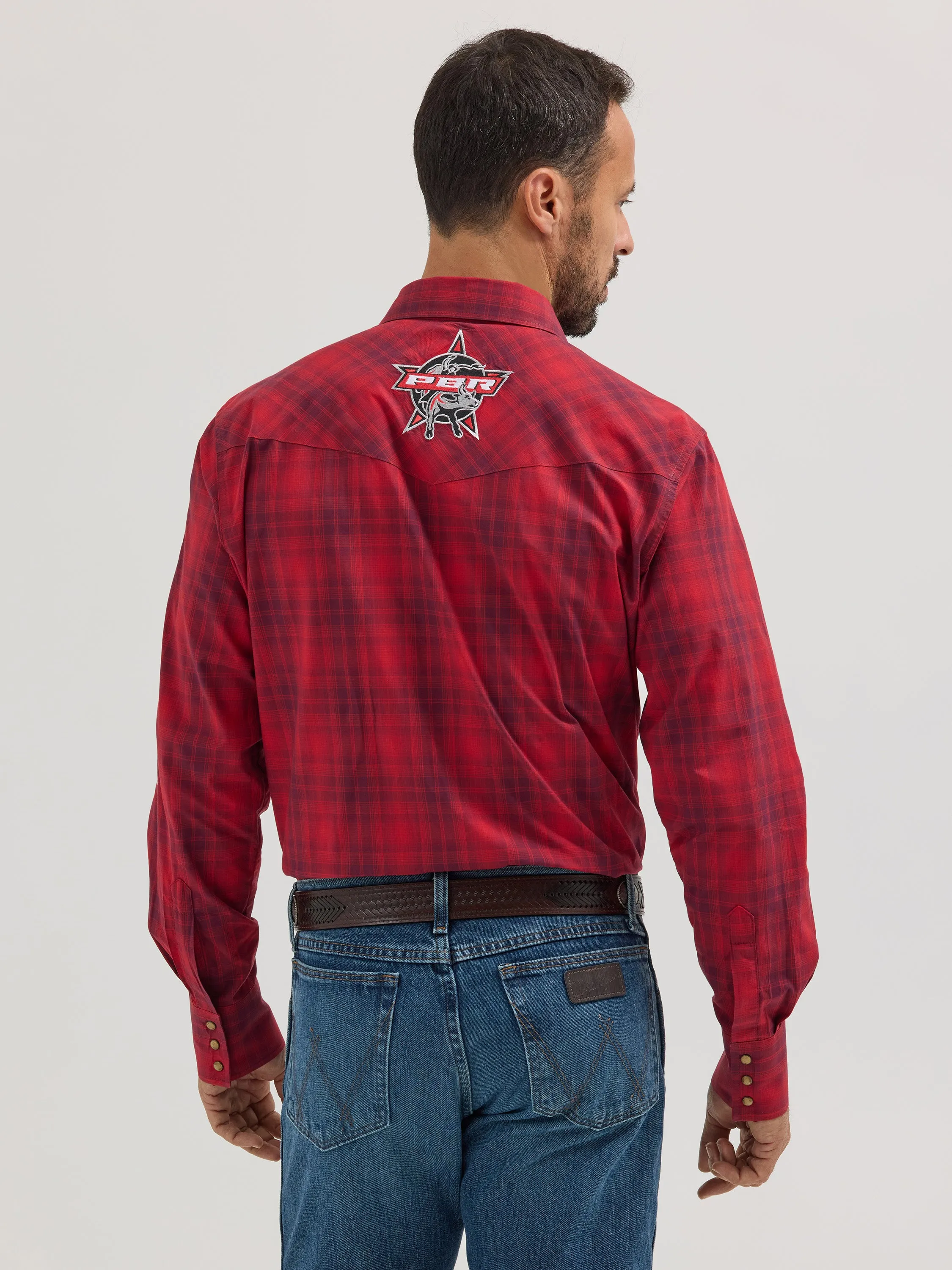 Wrangler Men's PBR Logo Red Plaid Snap Shirt