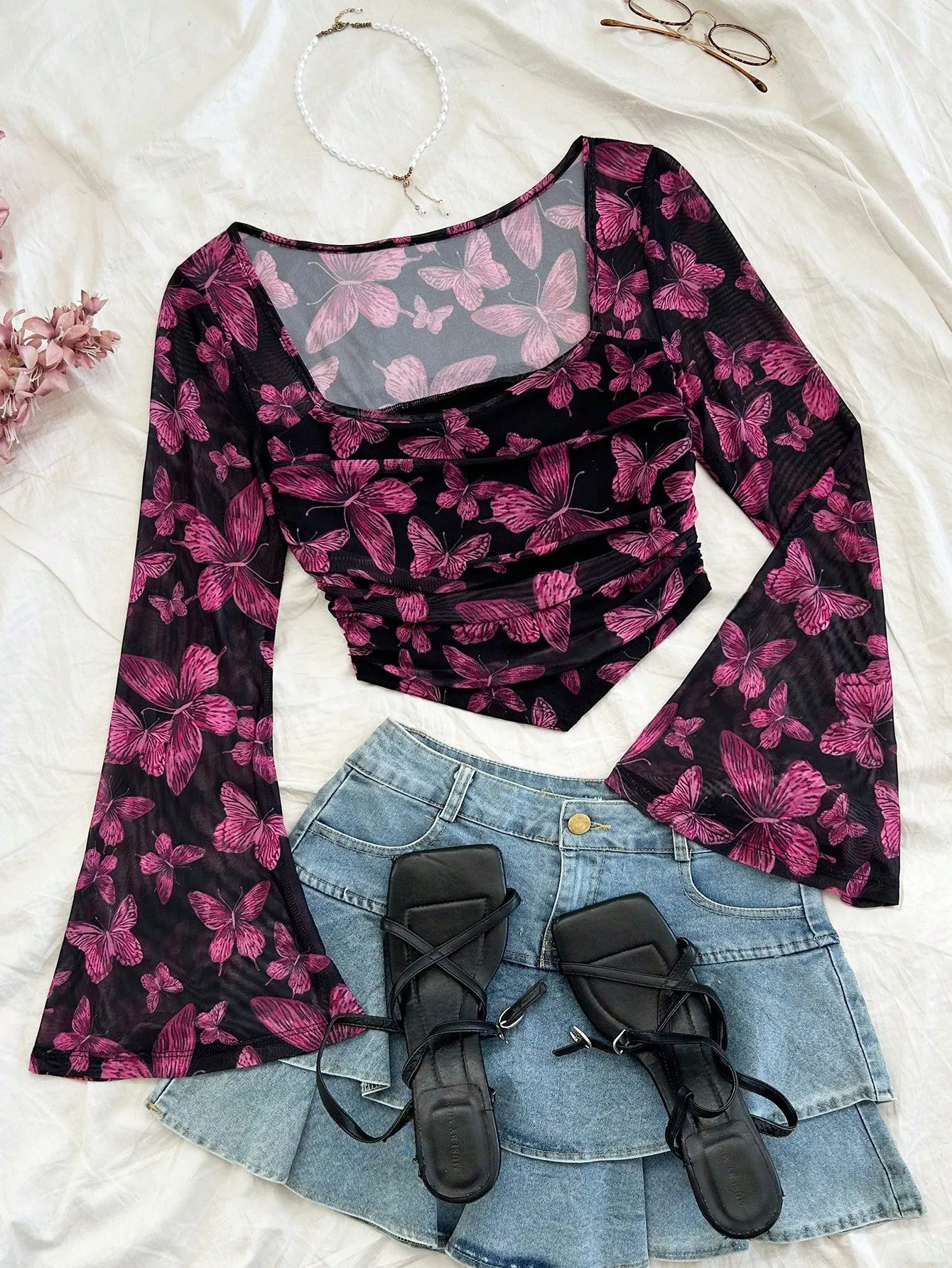 WYWH Casual Vacation Knit Mesh Tie-Dye Tie Dye Print Square Neck Long Flare Sleeve Slim Cute T-Shirt