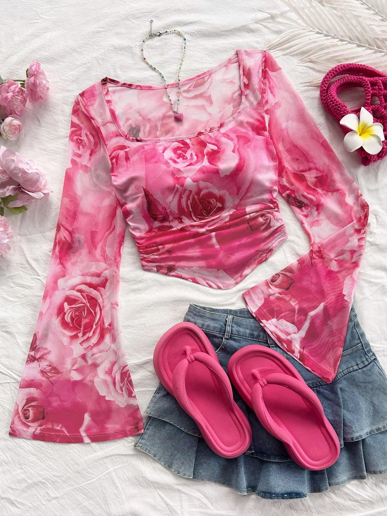 WYWH Casual Vacation Knit Mesh Tie-Dye Tie Dye Print Square Neck Long Flare Sleeve Slim Cute T-Shirt