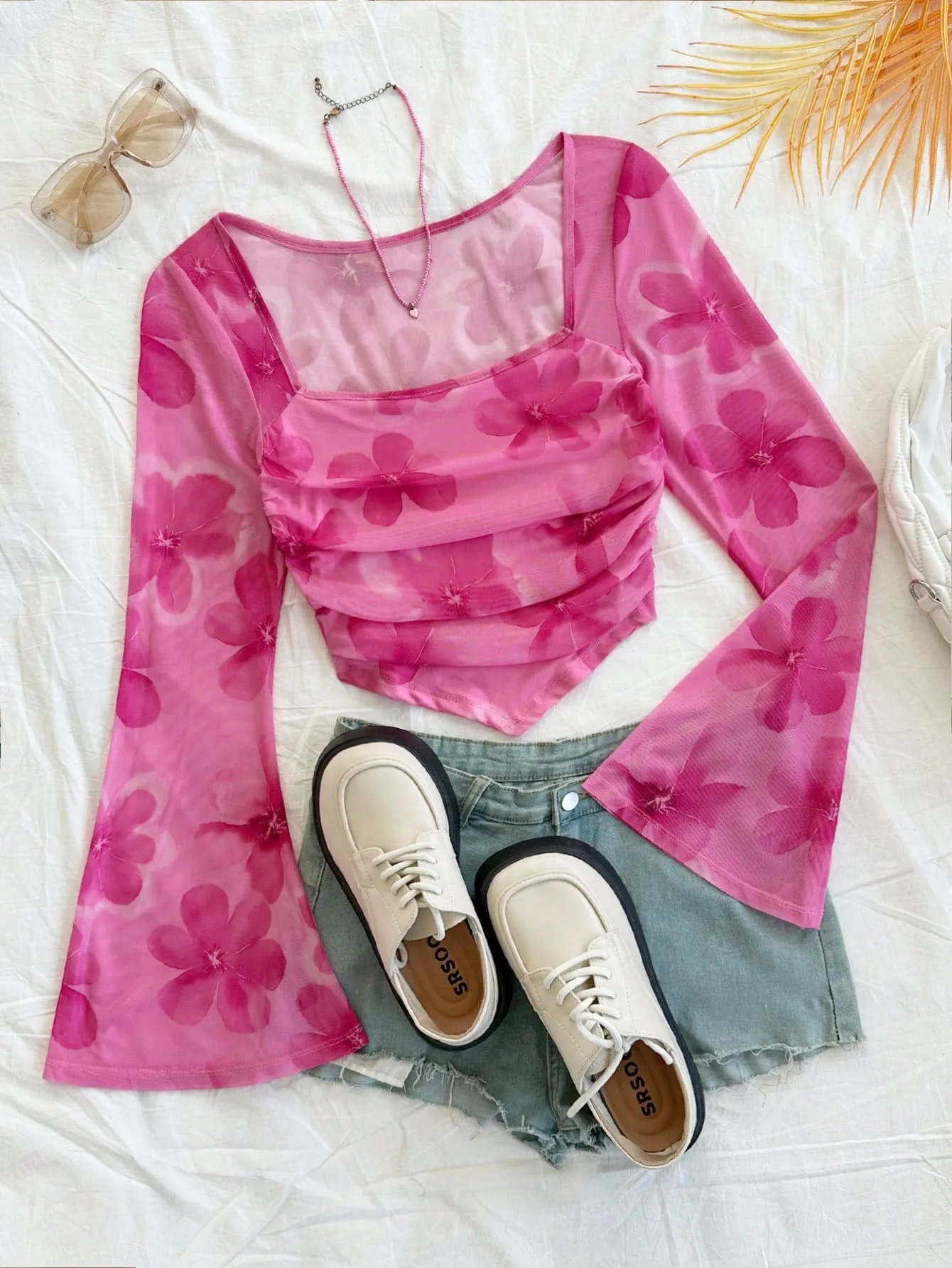 WYWH Casual Vacation Knit Mesh Tie-Dye Tie Dye Print Square Neck Long Flare Sleeve Slim Cute T-Shirt