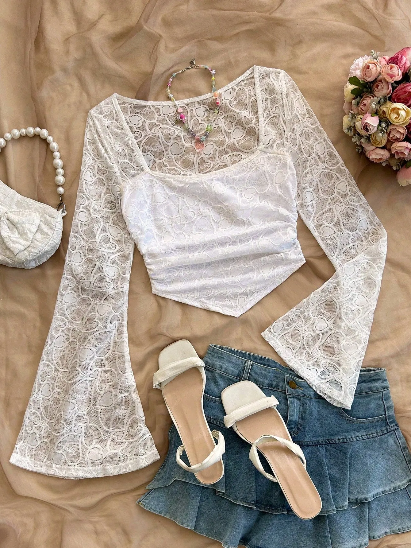 WYWH Casual Vacation Knit Mesh Tie-Dye Tie Dye Print Square Neck Long Flare Sleeve Slim Cute T-Shirt