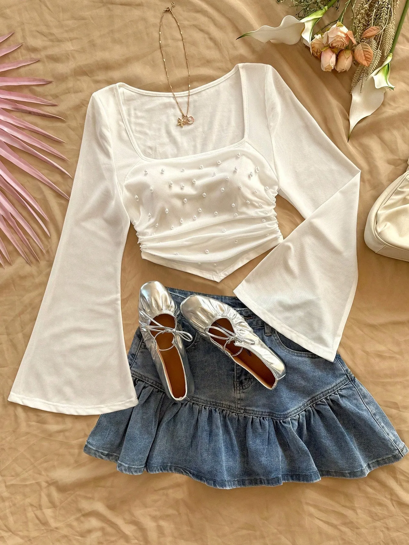 WYWH Casual Vacation Knit Mesh Tie-Dye Tie Dye Print Square Neck Long Flare Sleeve Slim Cute T-Shirt