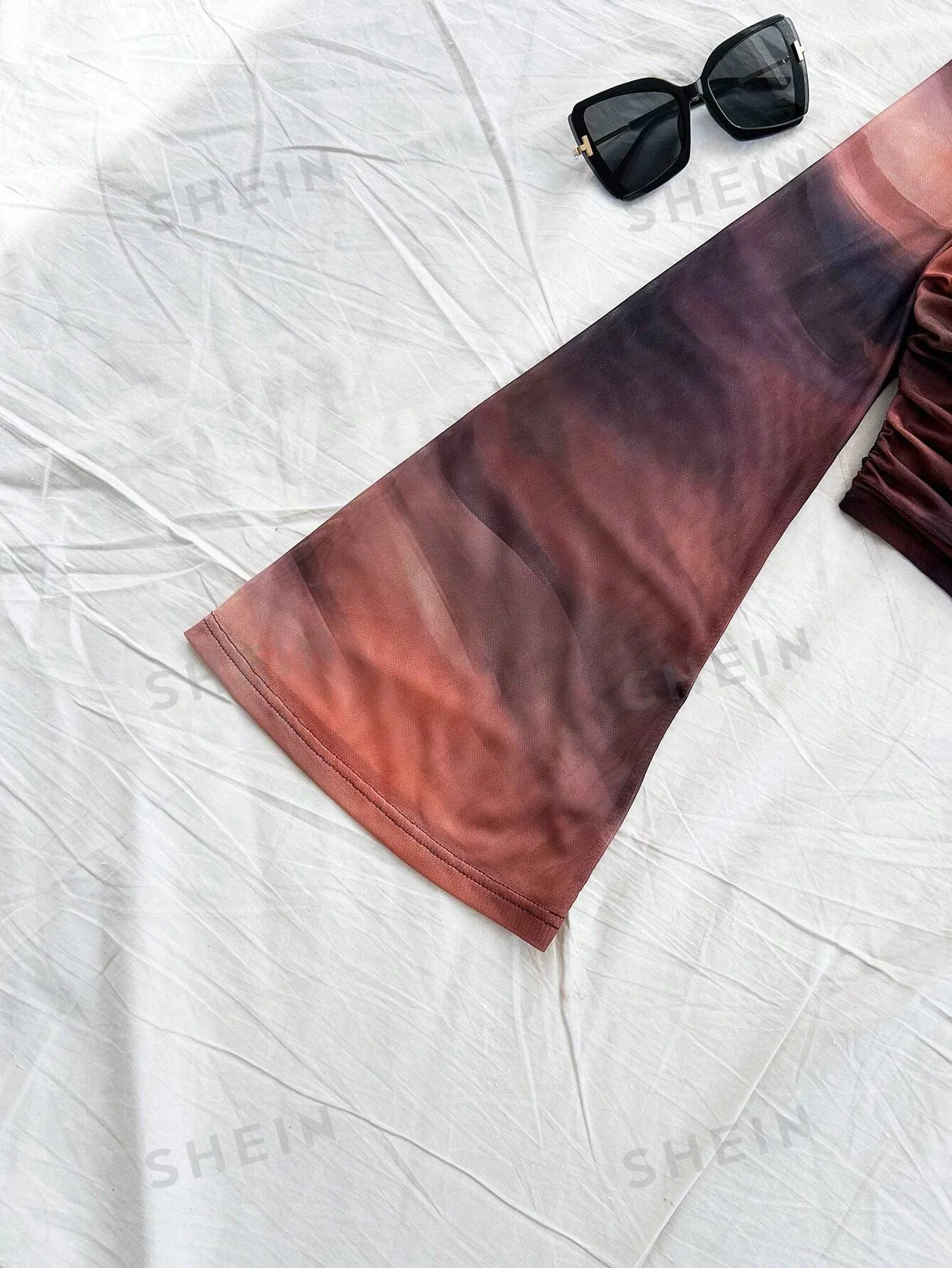 WYWH Casual Vacation Knit Mesh Tie-Dye Tie Dye Print Square Neck Long Flare Sleeve Slim Cute T-Shirt