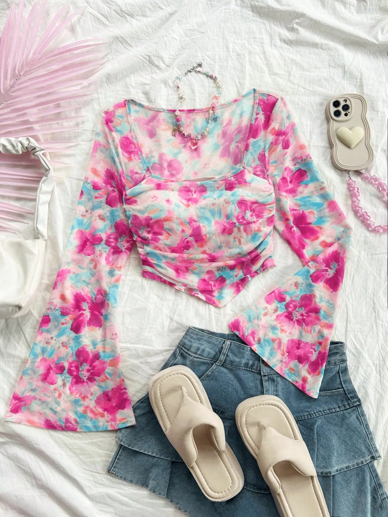 WYWH Casual Vacation Knit Mesh Tie-Dye Tie Dye Print Square Neck Long Flare Sleeve Slim Cute T-Shirt