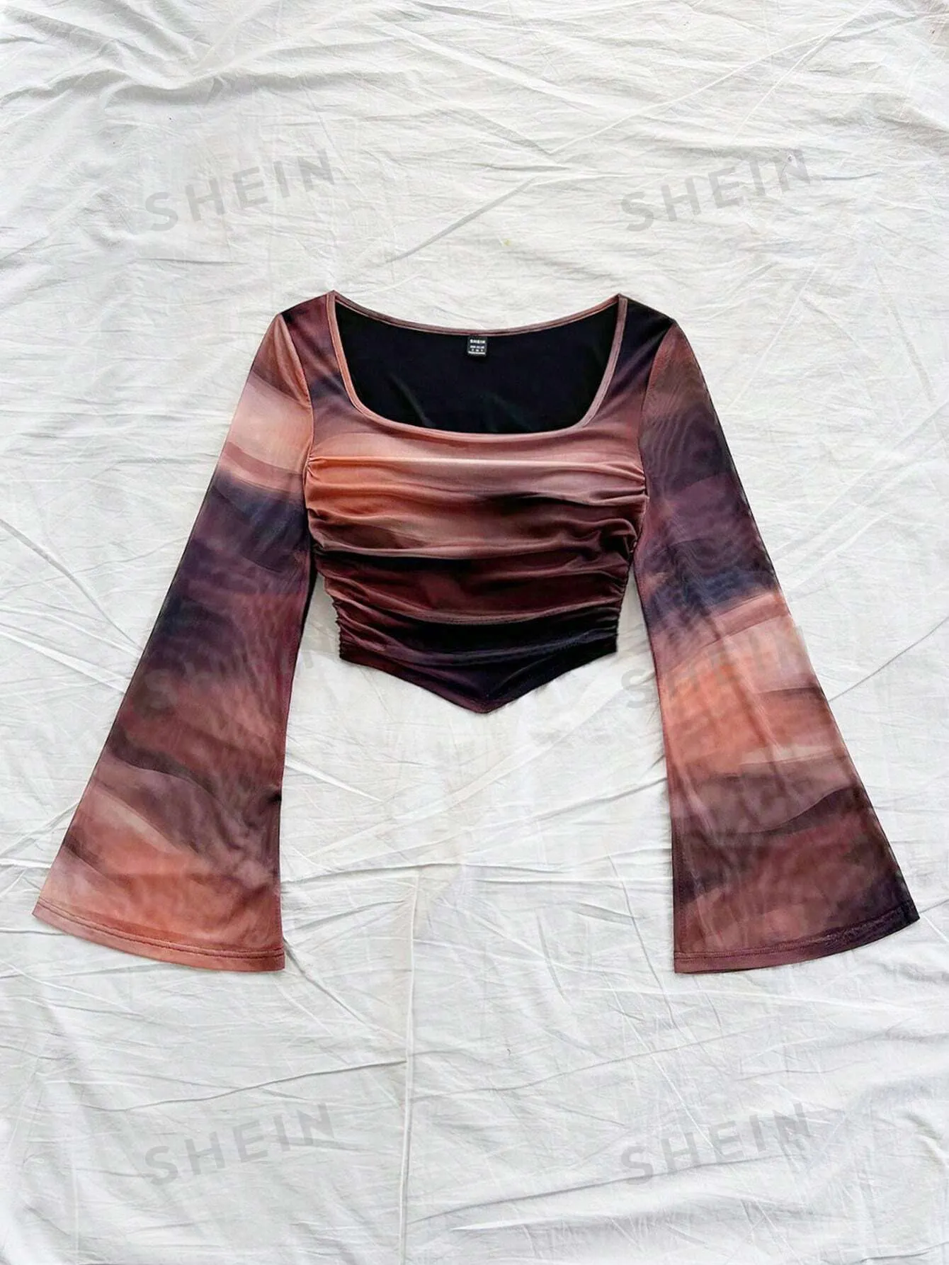 WYWH Casual Vacation Knit Mesh Tie-Dye Tie Dye Print Square Neck Long Flare Sleeve Slim Cute T-Shirt