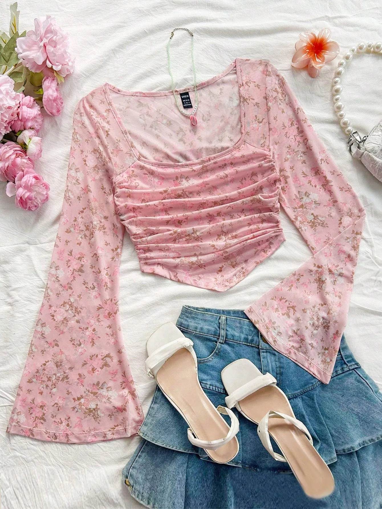 WYWH Casual Vacation Knit Mesh Tie-Dye Tie Dye Print Square Neck Long Flare Sleeve Slim Cute T-Shirt