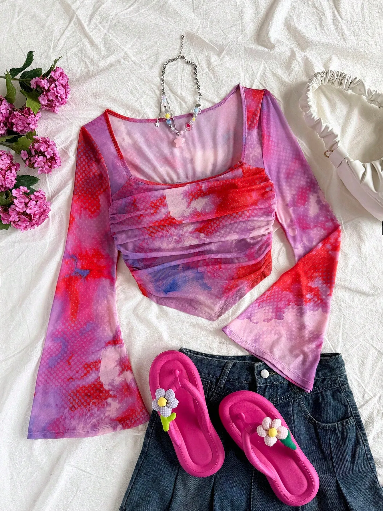 WYWH Casual Vacation Knit Mesh Tie-Dye Tie Dye Print Square Neck Long Flare Sleeve Slim Cute T-Shirt