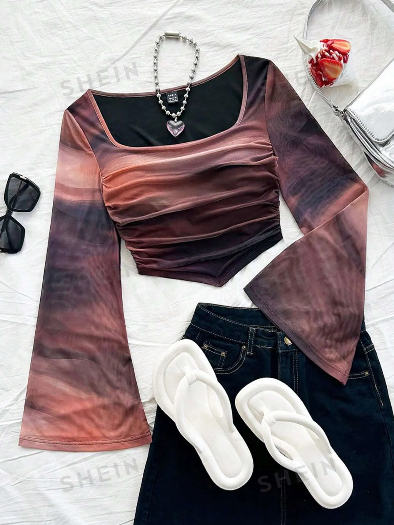 WYWH Casual Vacation Knit Mesh Tie-Dye Tie Dye Print Square Neck Long Flare Sleeve Slim Cute T-Shirt