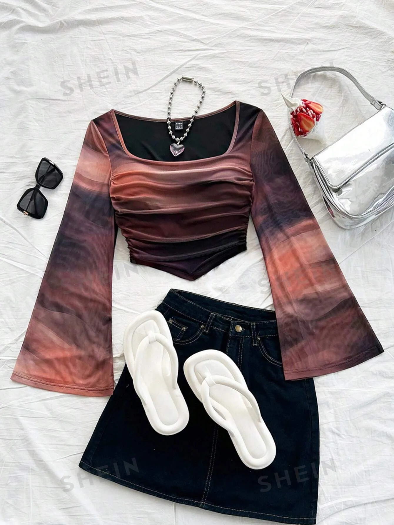 WYWH Casual Vacation Knit Mesh Tie-Dye Tie Dye Print Square Neck Long Flare Sleeve Slim Cute T-Shirt
