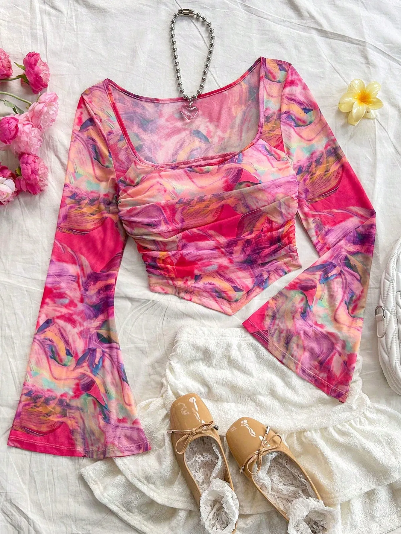 WYWH Casual Vacation Knit Mesh Tie-Dye Tie Dye Print Square Neck Long Flare Sleeve Slim Cute T-Shirt