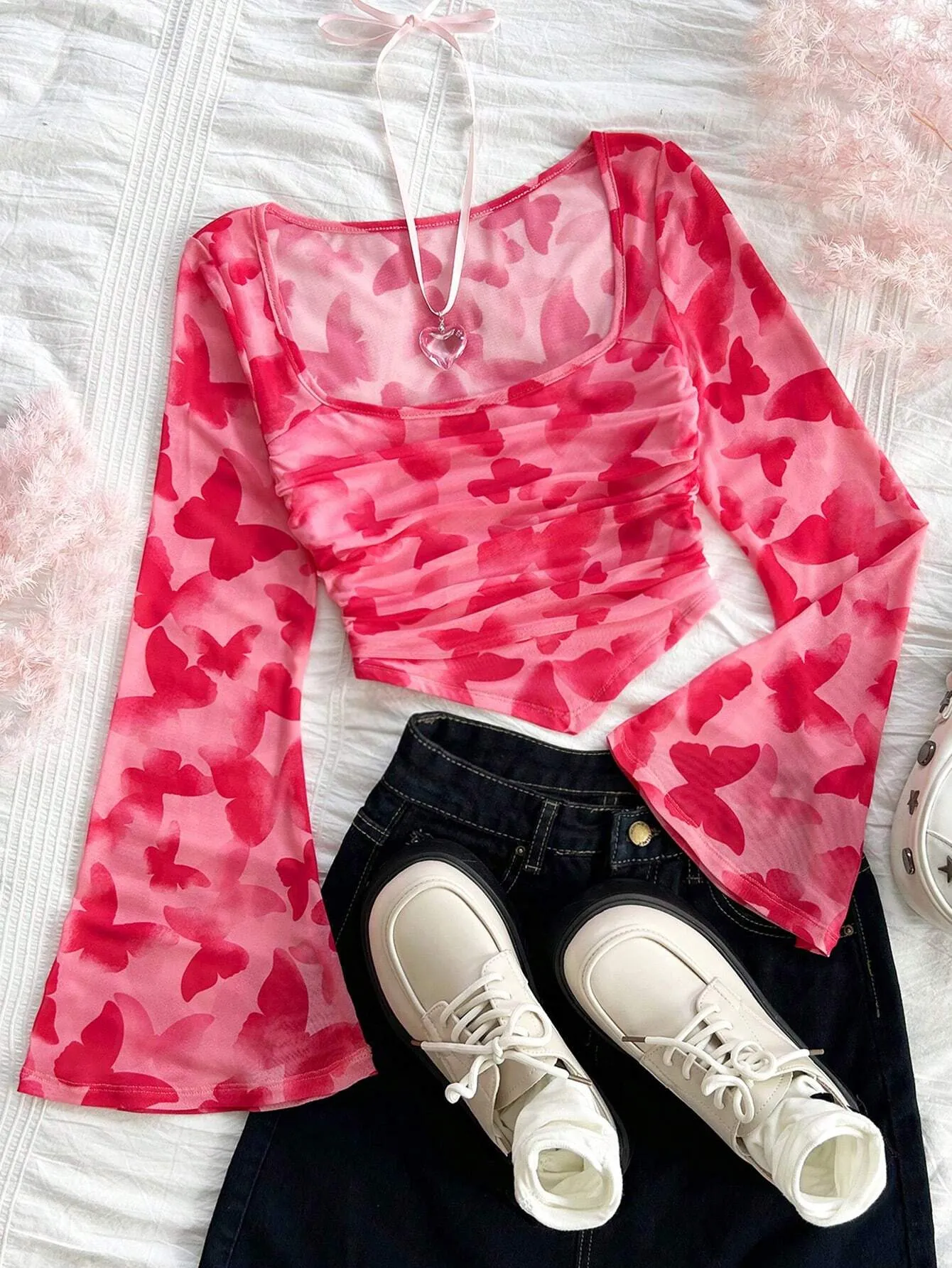 WYWH Casual Vacation Knit Mesh Tie-Dye Tie Dye Print Square Neck Long Flare Sleeve Slim Cute T-Shirt