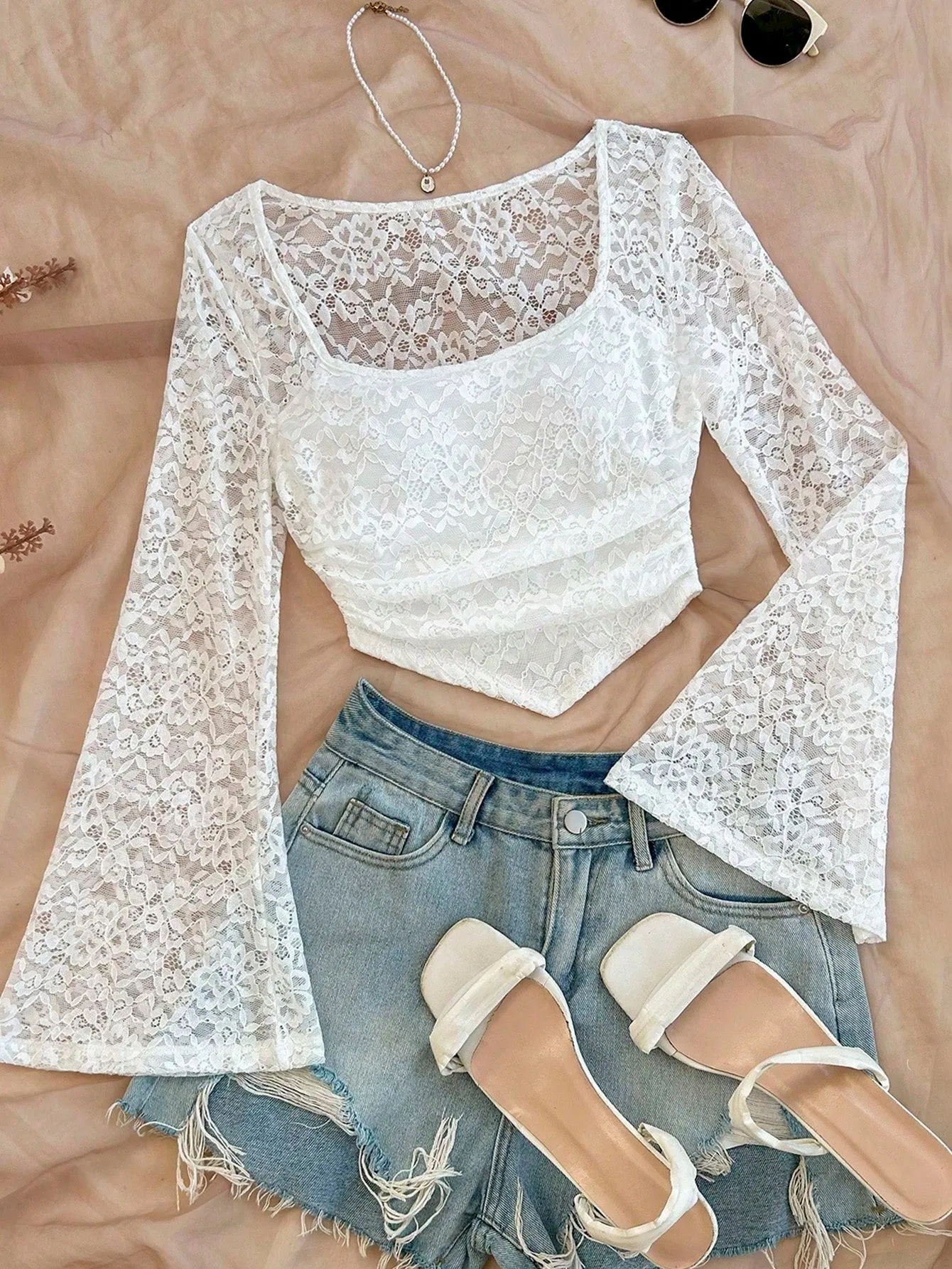WYWH Casual Vacation Knit Mesh Tie-Dye Tie Dye Print Square Neck Long Flare Sleeve Slim Cute T-Shirt