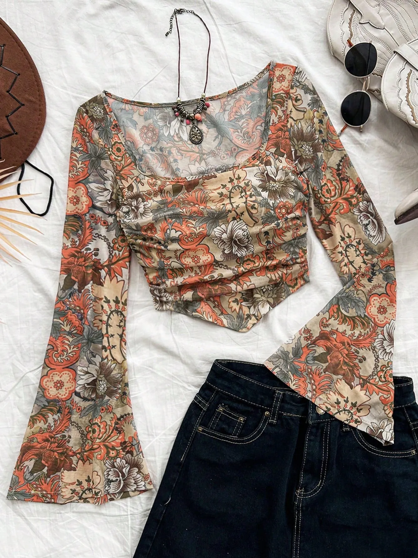 WYWH Casual Vacation Knit Mesh Tie-Dye Tie Dye Print Square Neck Long Flare Sleeve Slim Cute T-Shirt