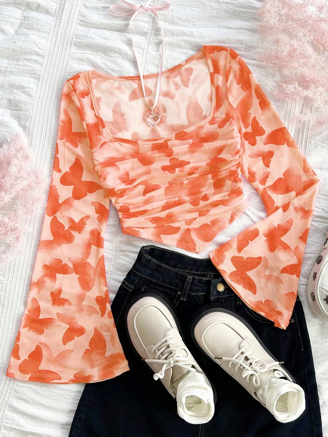 WYWH Casual Vacation Knit Mesh Tie-Dye Tie Dye Print Square Neck Long Flare Sleeve Slim Cute T-Shirt