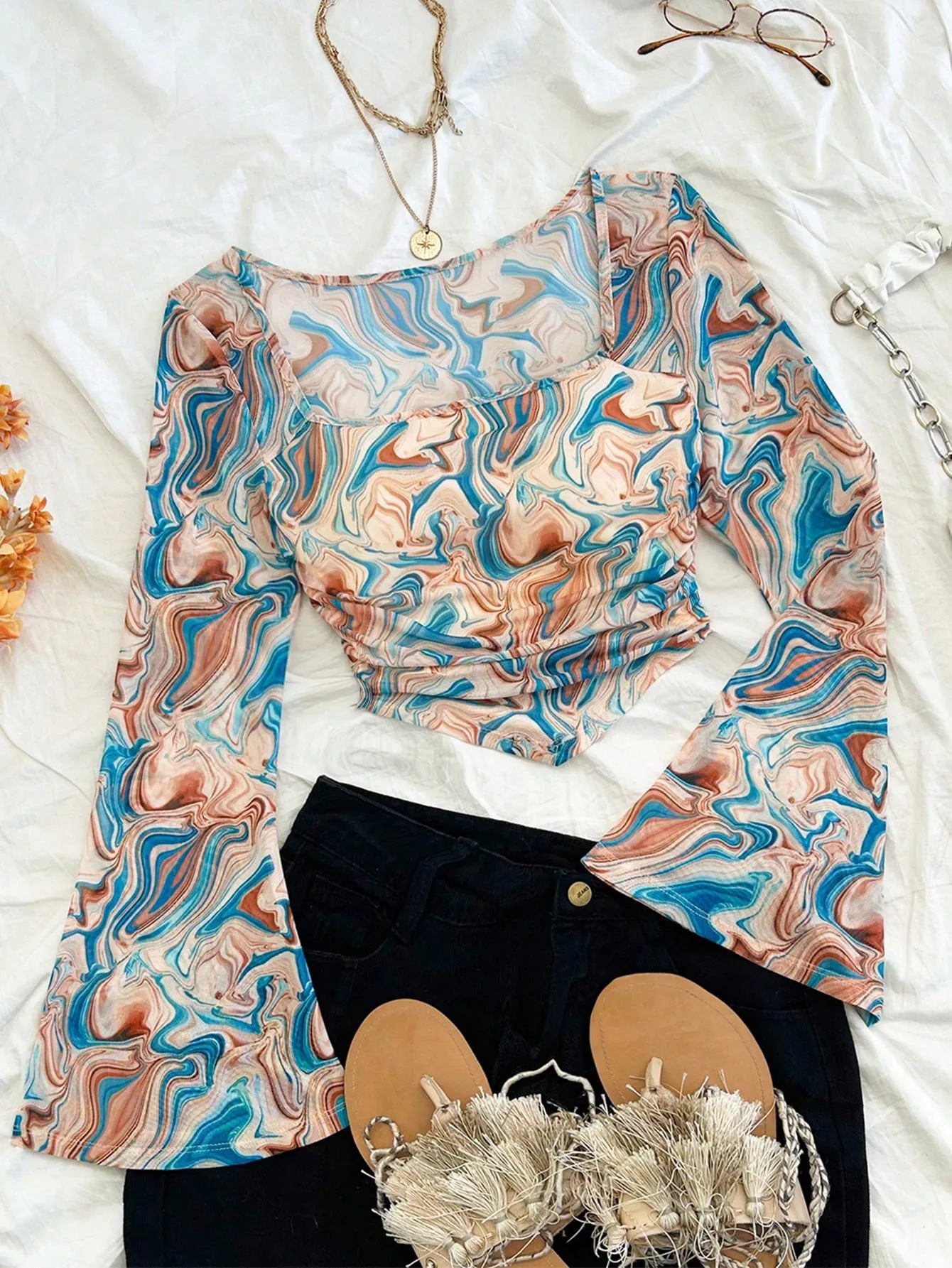 WYWH Casual Vacation Knit Mesh Tie-Dye Tie Dye Print Square Neck Long Flare Sleeve Slim Cute T-Shirt