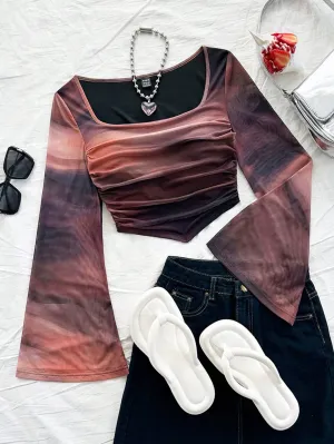 WYWH Casual Vacation Knit Mesh Tie-Dye Tie Dye Print Square Neck Long Flare Sleeve Slim Cute T-Shirt