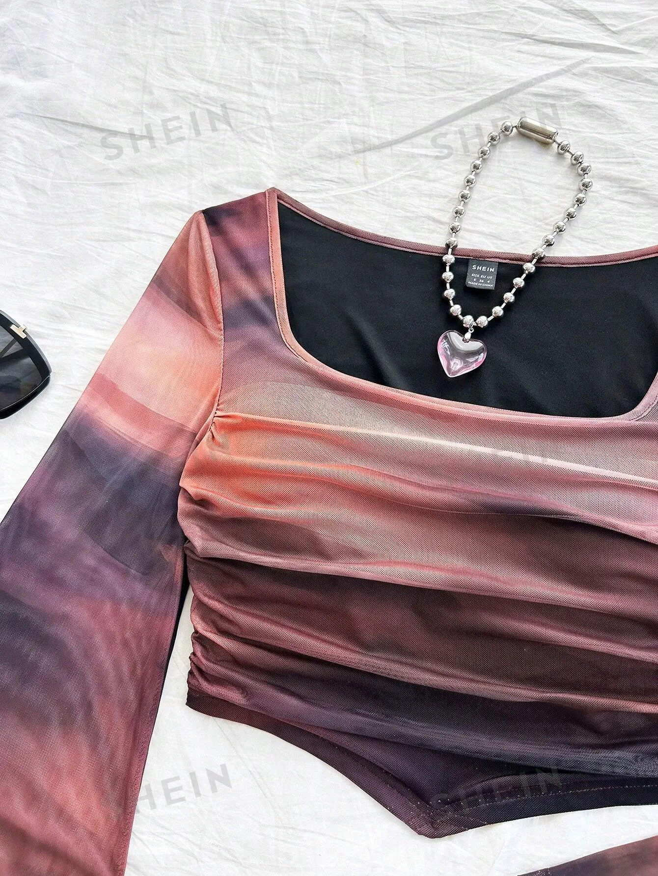 WYWH Casual Vacation Knit Mesh Tie-Dye Tie Dye Print Square Neck Long Flare Sleeve Slim Cute T-Shirt
