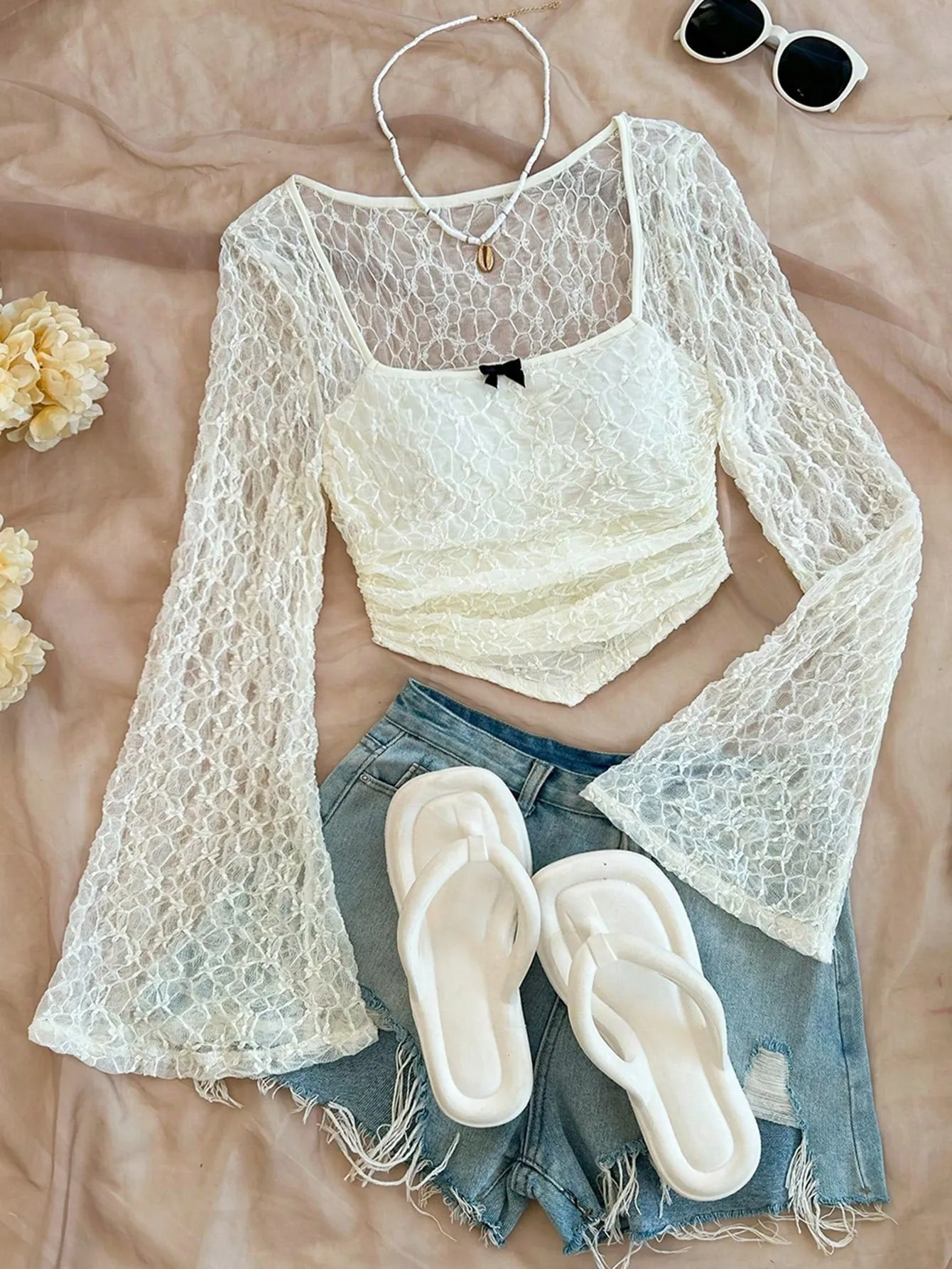 WYWH Casual Vacation Knit Mesh Tie-Dye Tie Dye Print Square Neck Long Flare Sleeve Slim Cute T-Shirt