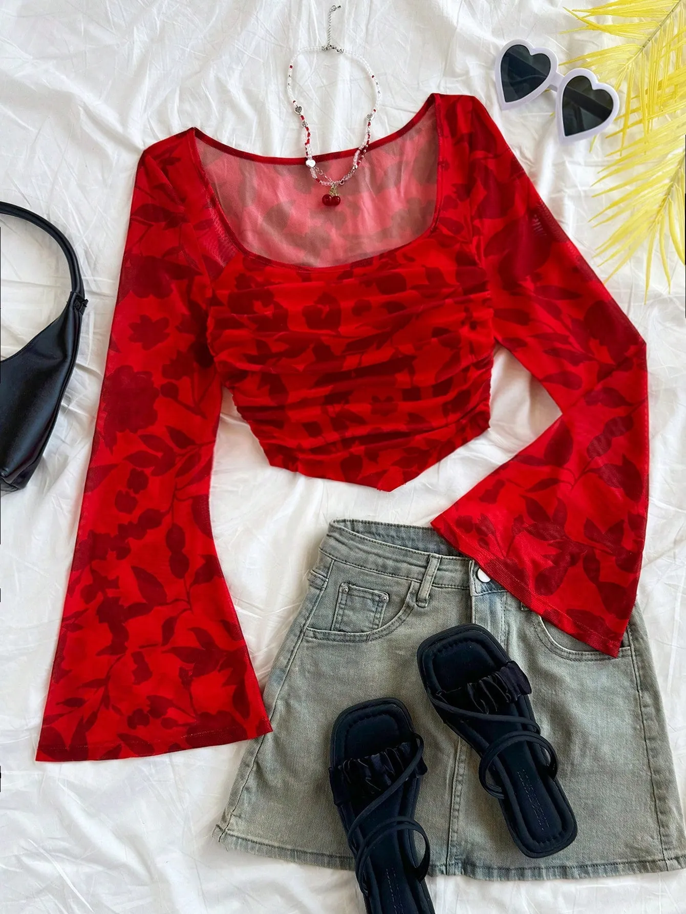 WYWH Casual Vacation Knit Mesh Tie-Dye Tie Dye Print Square Neck Long Flare Sleeve Slim Cute T-Shirt