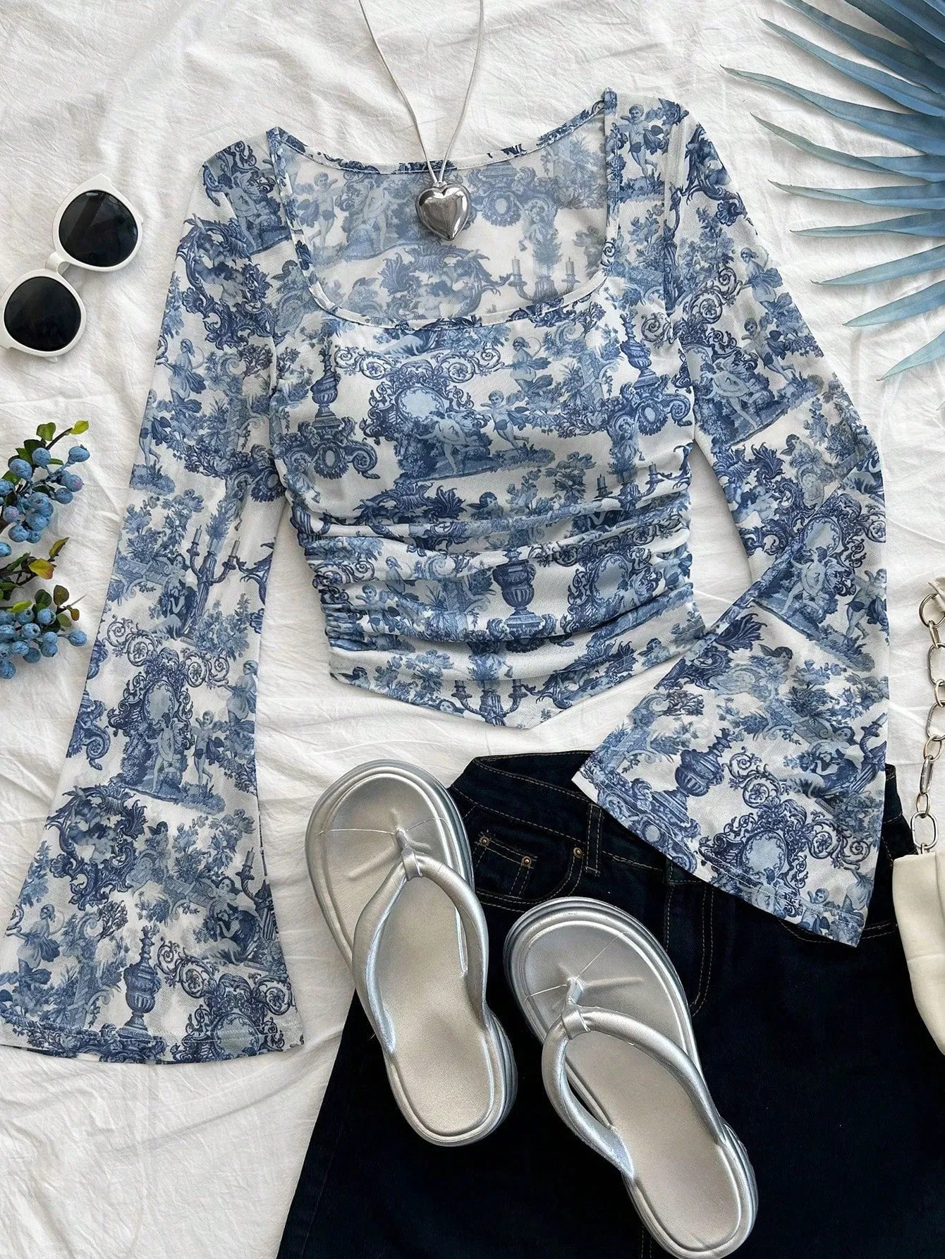 WYWH Casual Vacation Knit Mesh Tie-Dye Tie Dye Print Square Neck Long Flare Sleeve Slim Cute T-Shirt