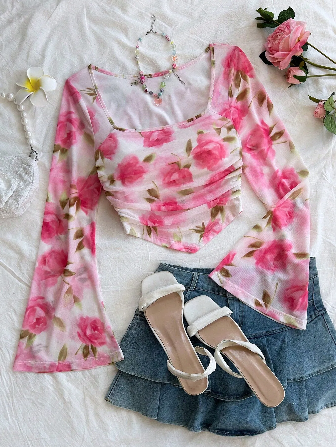 WYWH Casual Vacation Knit Mesh Tie-Dye Tie Dye Print Square Neck Long Flare Sleeve Slim Cute T-Shirt