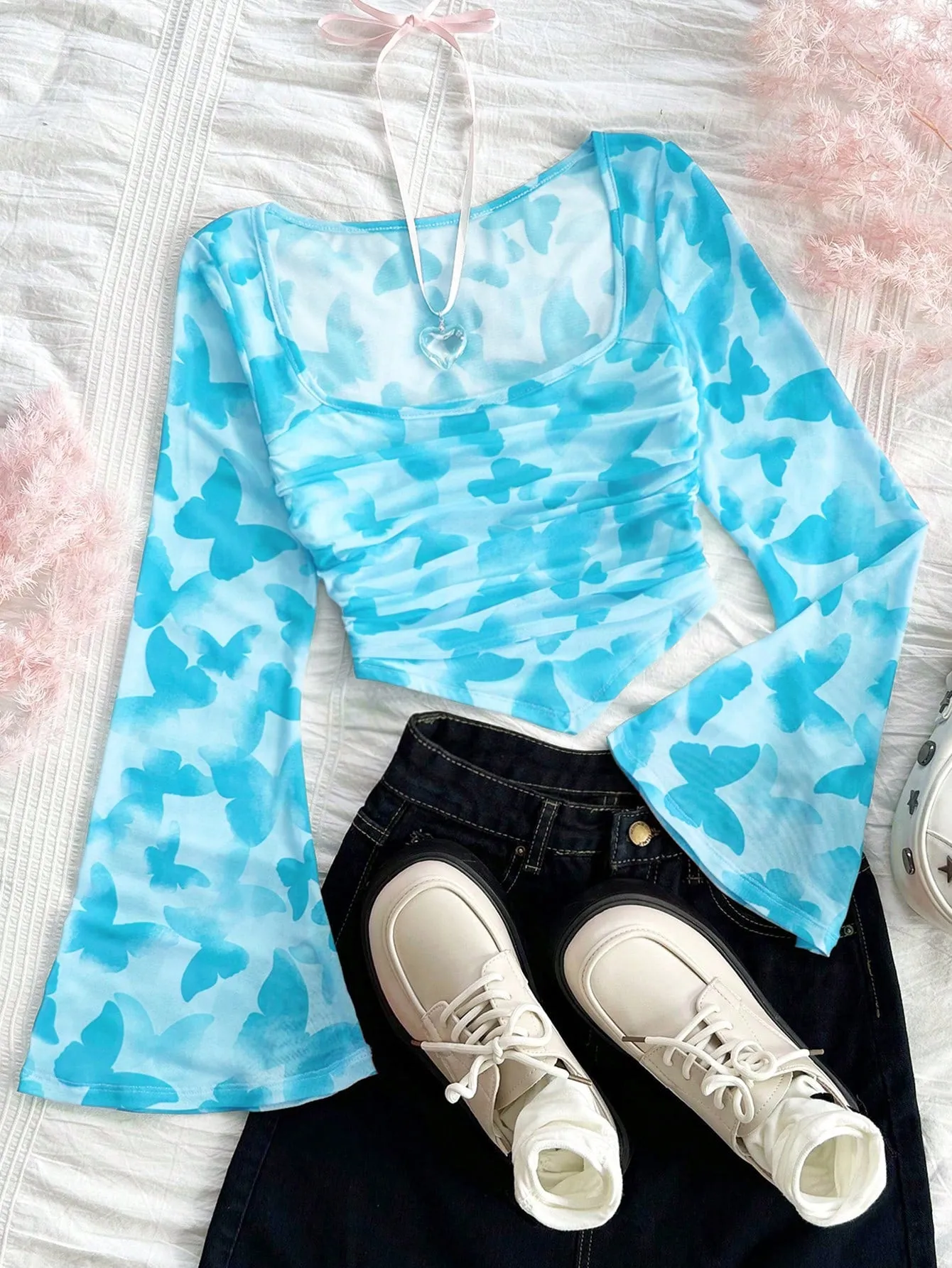 WYWH Casual Vacation Knit Mesh Tie-Dye Tie Dye Print Square Neck Long Flare Sleeve Slim Cute T-Shirt