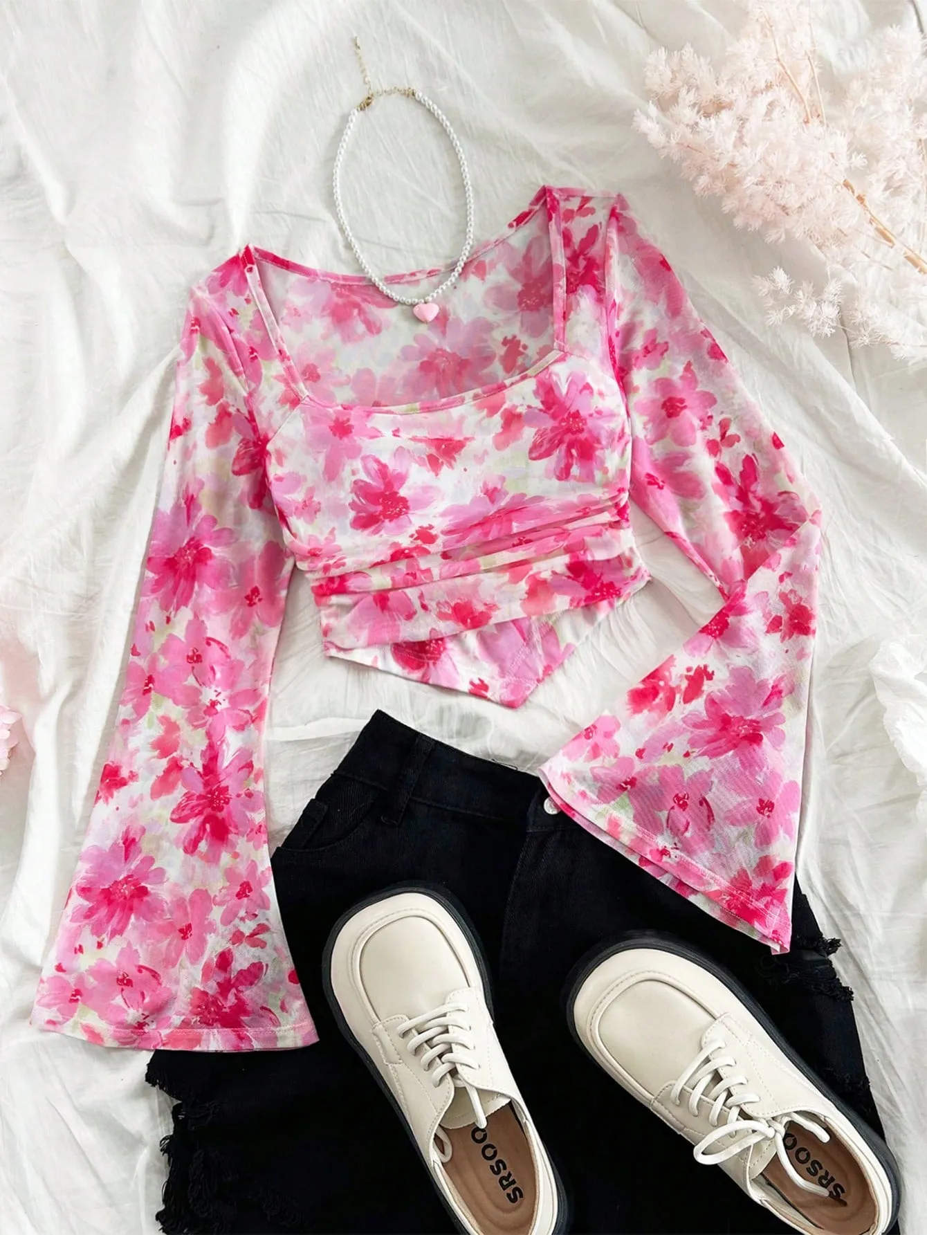 WYWH Casual Vacation Knit Mesh Tie-Dye Tie Dye Print Square Neck Long Flare Sleeve Slim Cute T-Shirt